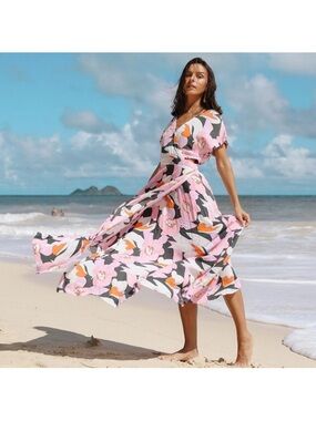 Ava Sky Dress Bardot Misty Retro Orchid Oasis M Maxi gown tropical floral wrap